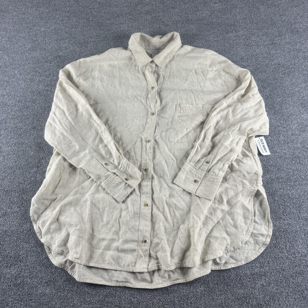 Old Navy Boyfriend Shirt Womens XL Beige Linen Button Up Long Sleeve Tunic